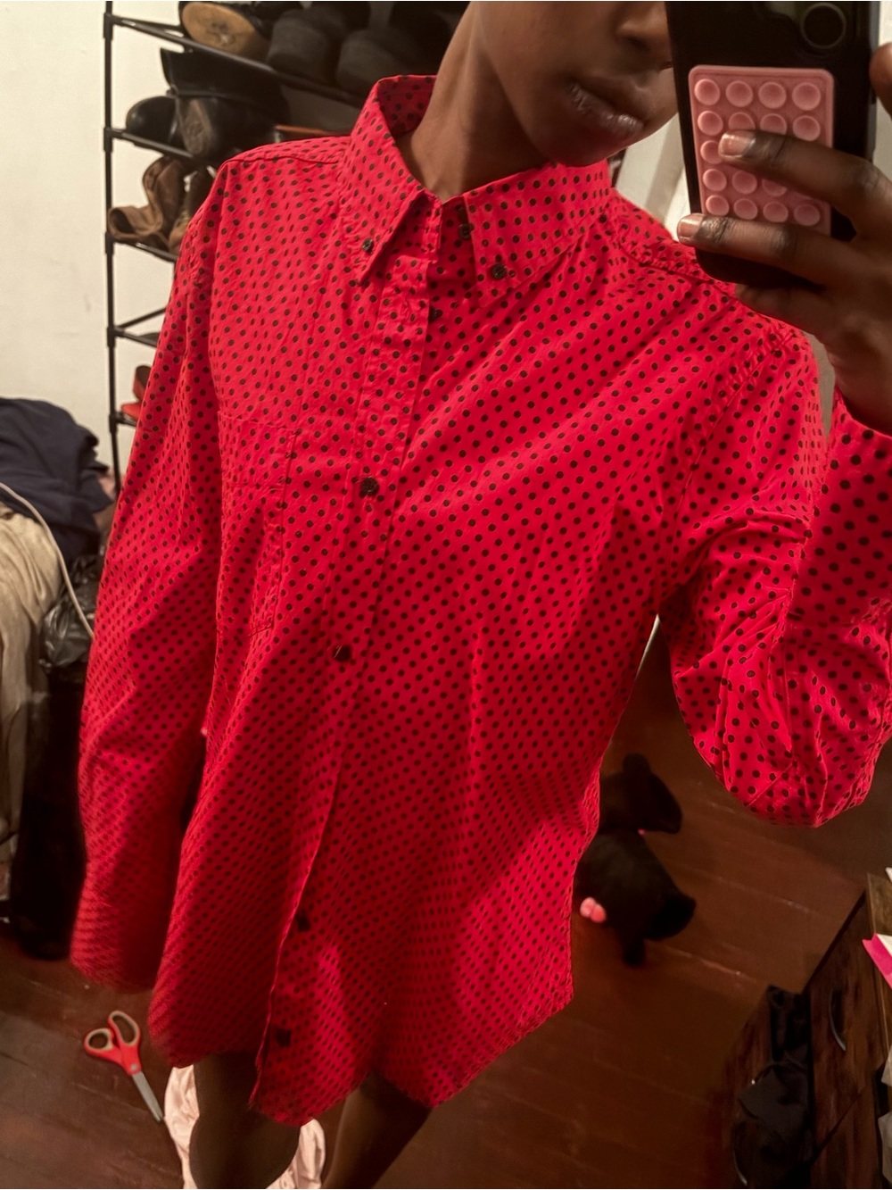 Tripp NYC Red Button-Down Shirt with Black Polka Dots